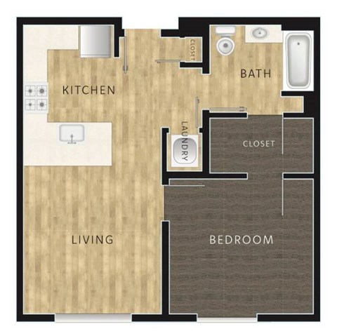 Floor plan for 1 bed, 1 bath, 621 sqft