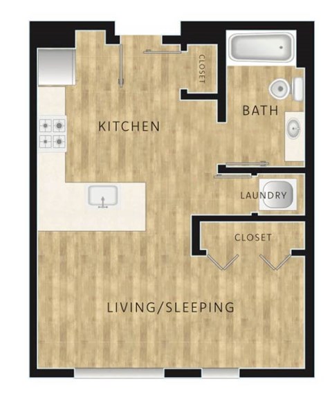 Floor plan for studio, 1 bath, 496 sqft