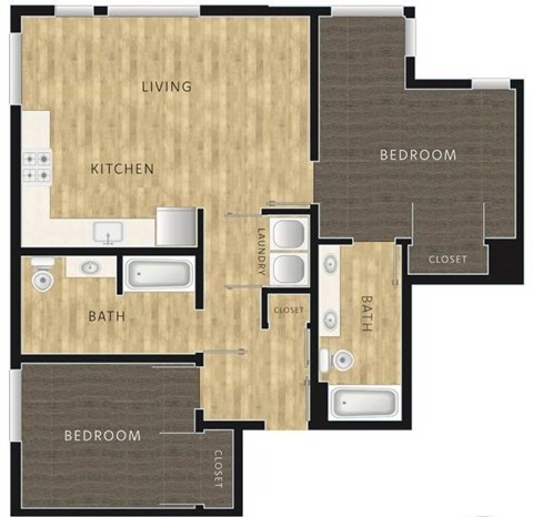 Floor plan for 2 beds, 2 baths, 993 sqft