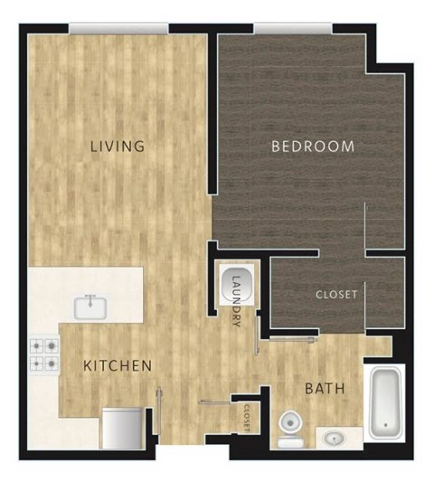 Floor plan for 1 bed, 1 bath, 678 sqft