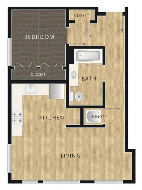 Floor plan for 1 bed, 1 bath, 655 sqft