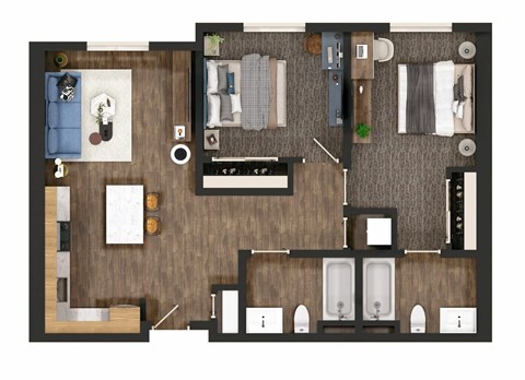 Floor plan for 2 beds, 2 baths, 836 sqft