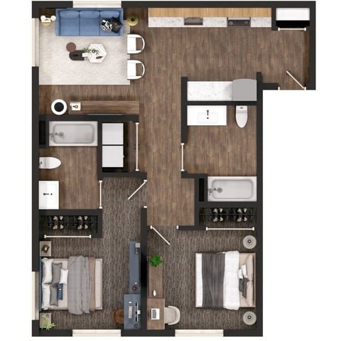 Floor plan for 2 beds, 2 baths, 844 sqft
