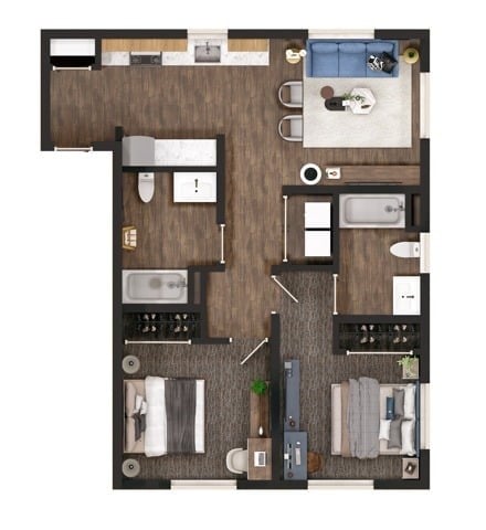 Floor plan for 2 beds, 2 baths, 844 sqft