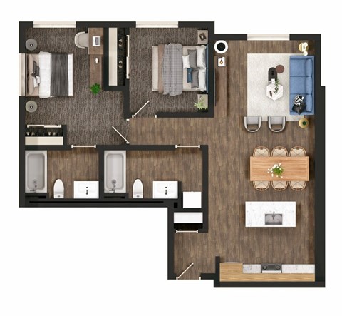 Floor plan for 2 beds, 2 baths, 884 sqft