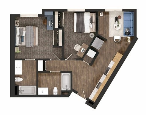 Floor plan for 2 beds, 2 baths, 771 sqft