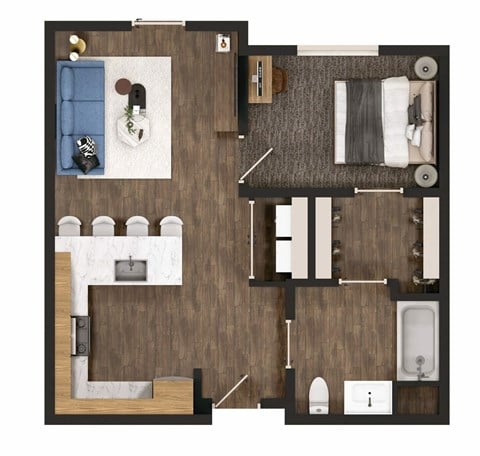 Floor plan for 1 bed, 1 bath, 590 sqft