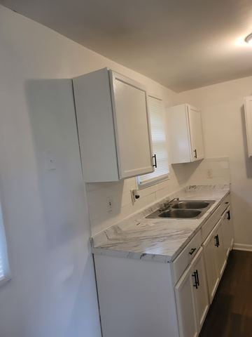 Atlanta house for rent - A kitchen with white cabinets and a marble countertop.