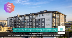 Calgary apartment for rent - A building advertises one, two, or three bedroom apartments with a $1,000 security deposit for Skyview Living.