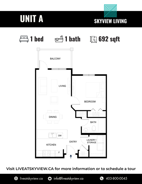 Floor plan for 1 bed, 1 bath, 692 sqft