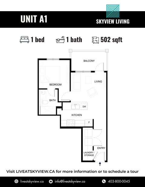 Floor plan for 1 bed, 1 bath, 502 sqft