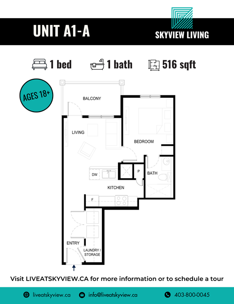 Floor plan for 1 bed, 1 bath, 516 sqft