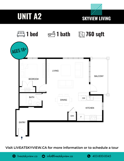 Floor plan for 1 bed, 1 bath, 760 sqft
