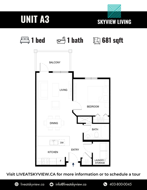 Floor plan for 1 bed, 1 bath, 681 sqft