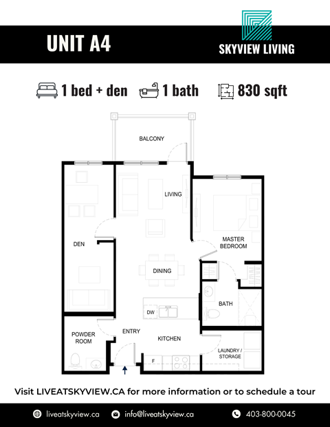 Floor plan for 1 bed, 1 bath, 830 sqft