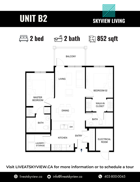 Floor plan for 2 beds, 2 baths, 852 sqft