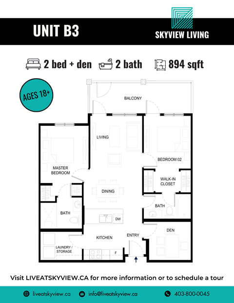 Floor plan for 2 beds, 2 baths, 894 sqft