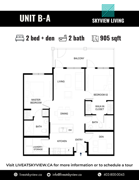 Floor plan for 2 beds, 2 baths, 905 sqft
