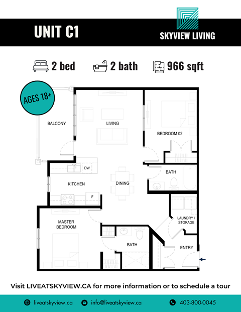 Floor plan for 2 beds, 2 baths, 966 sqft
