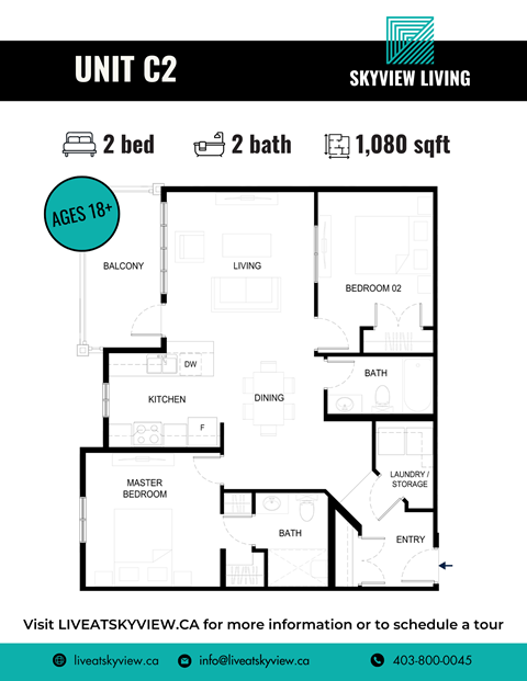 Floor plan for 2 beds, 2 baths, 1080 sqft