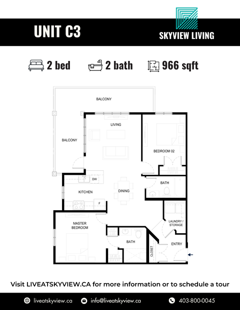 Floor plan for 2 beds, 2 baths, 966 sqft
