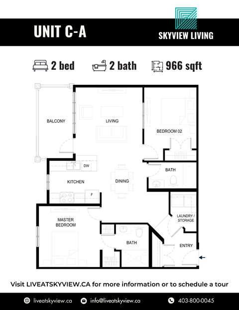 Floor plan for 2 beds, 2 baths, 966 sqft