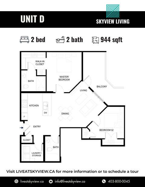 Floor plan for 2 beds, 2 baths, 963 sqft
