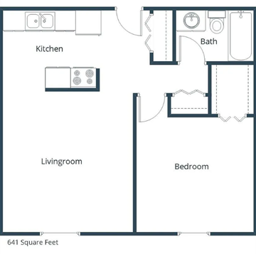 Moorhead apartment for rent - A floor plan of a 641 square feet home with a kitchen, living room, bedroom and bath.