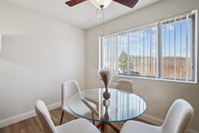 Altoona apartment for rent - A glass table with four chairs and a fan in a room with a window.