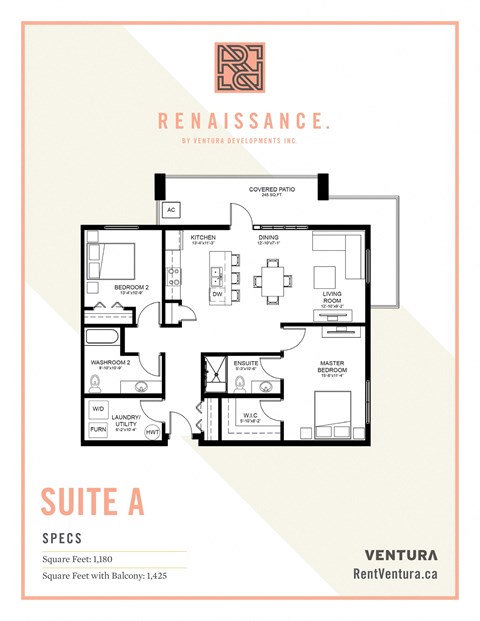 Floor plan for 2 beds, 2 baths, 1180 sqft