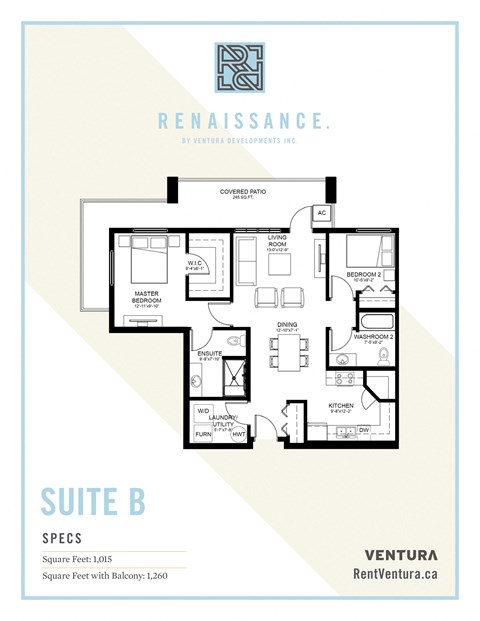 Floor plan for 2 beds, 2 baths, 1015 sqft