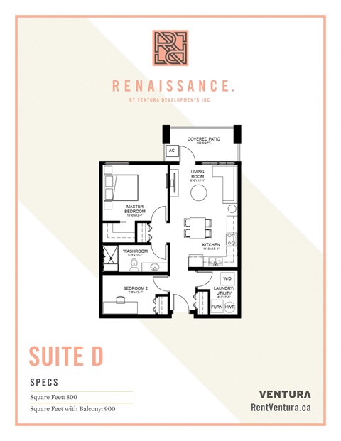 Floor plan for 2 beds, 2 baths, 800 sqft