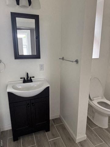 St. Louis house for rent - A bathroom with a sink, mirror, and toilet.