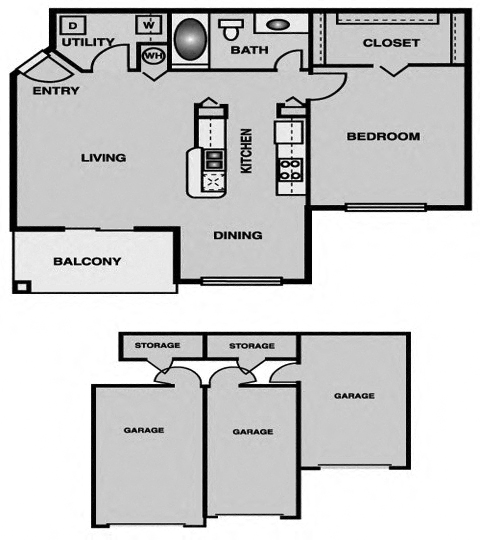 Floor plan for 1 bed, 1 bath, 846 sqft