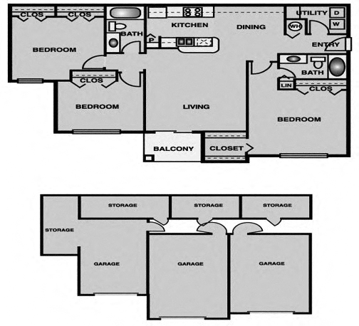 Floor plan for 3 beds, 2 baths, 1332 sqft