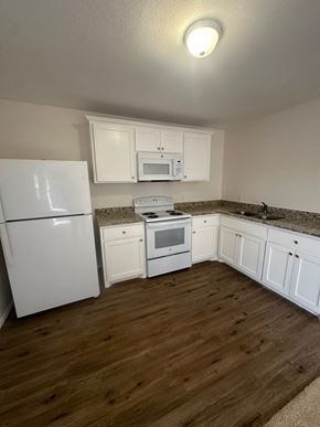 Big Spring apartment for rent - A kitchen with white appliances and wooden floors.
