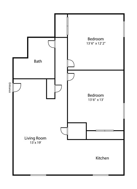 Floor plan for 2 beds, 1 bath, 950 sqft