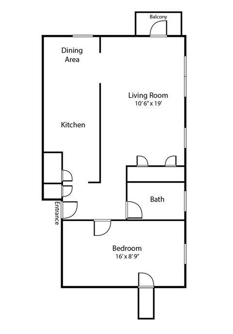 Floor plan for 1 bed, 1 bath, 700 sqft