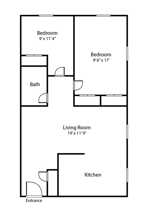 Floor plan for 2 beds, 1 bath, 800 sqft