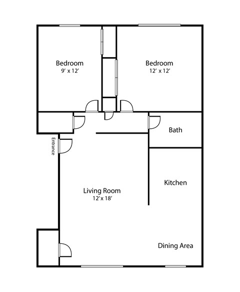 Floor plan for 2 beds, 1 bath, 850 sqft