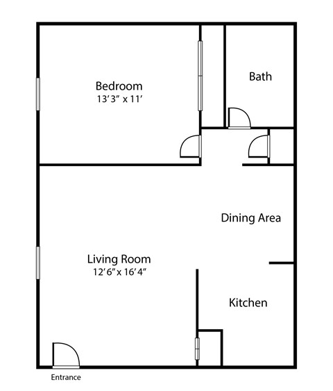 Floor plan for 1 bed, 1 bath, 700 sqft