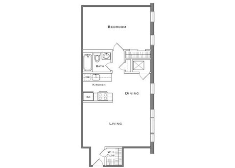 Floor plan for 1 bed, 1 bath, 684 sqft