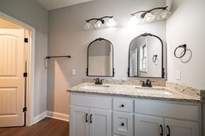 Phenix City house for rent - A bathroom with a sink, mirrors, and a door.