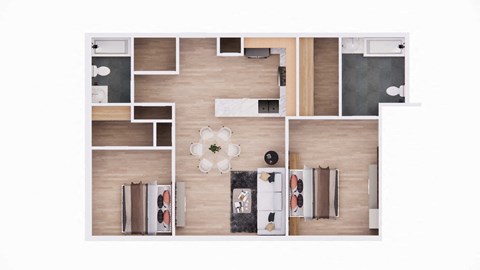 Floor plan for 2 beds, 2 baths, 1036 sqft