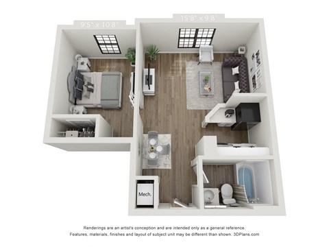 Floor plan for 1 bed, 1 bath, 625 sqft