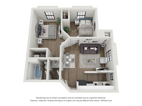 Floor plan for 2 beds, 1 bath, 750 sqft