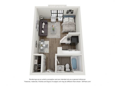 Floor plan for studio, 1 bath, 385 sqft