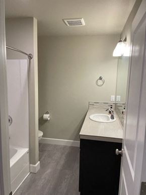 Hermiston house for rent - A bathroom with a sink, mirror, and toilet paper roll.