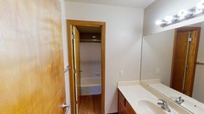 Madison apartment for rent - A bathroom with a sink, mirror, and a door.