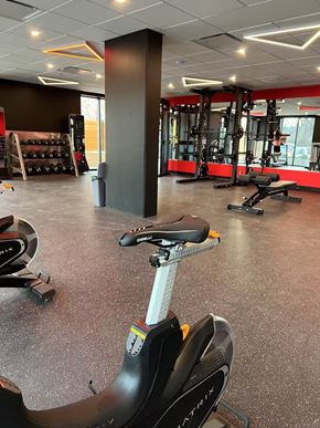 Kelowna house for rent - A gym with a row of stationary bikes.
